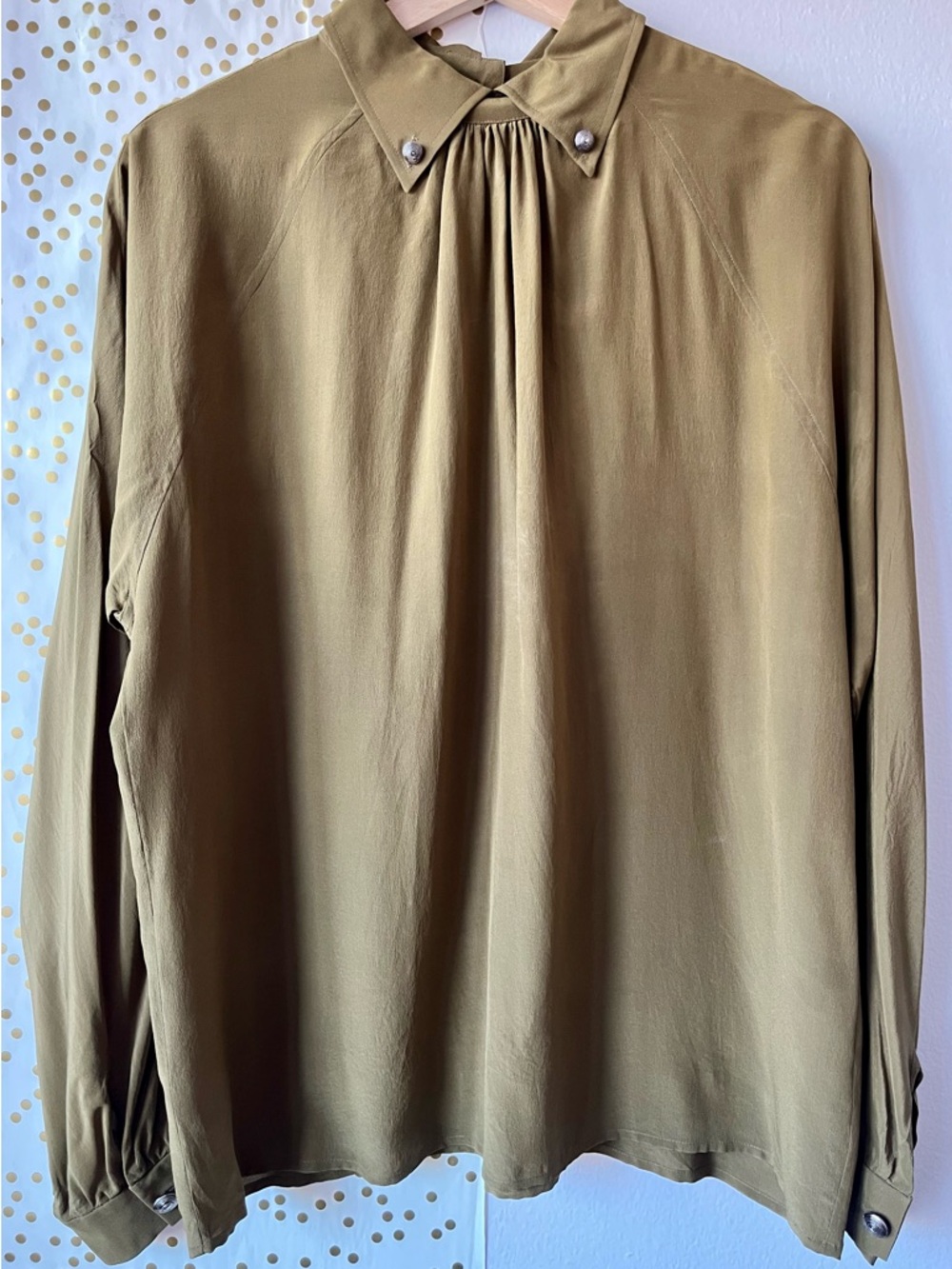 VTG Christian Dior Chemises 100% Silk Olive Green Collar Blouse size 14